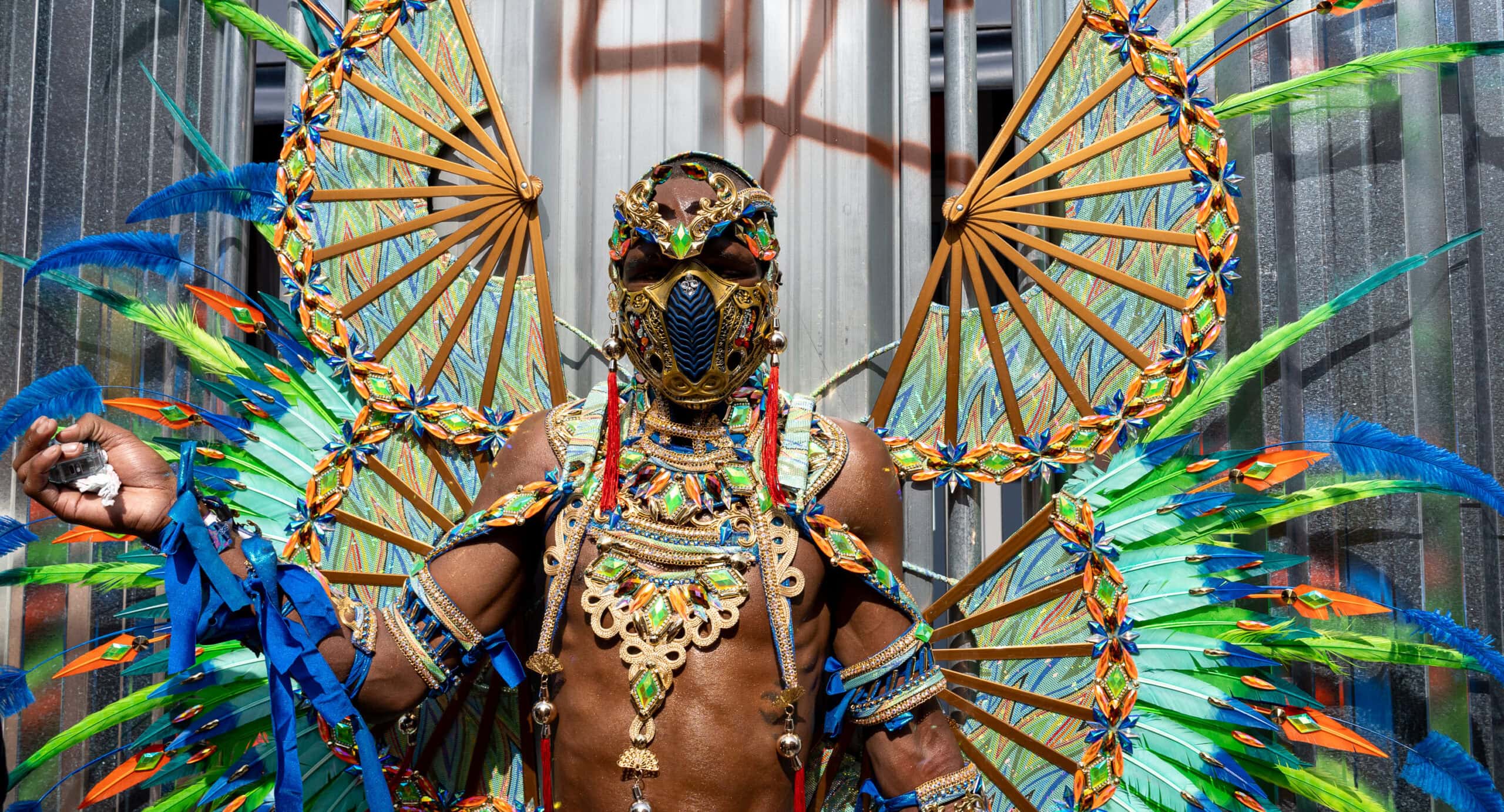 Street photo of a man dressed in bright colours and feathers at the notting hill carnival